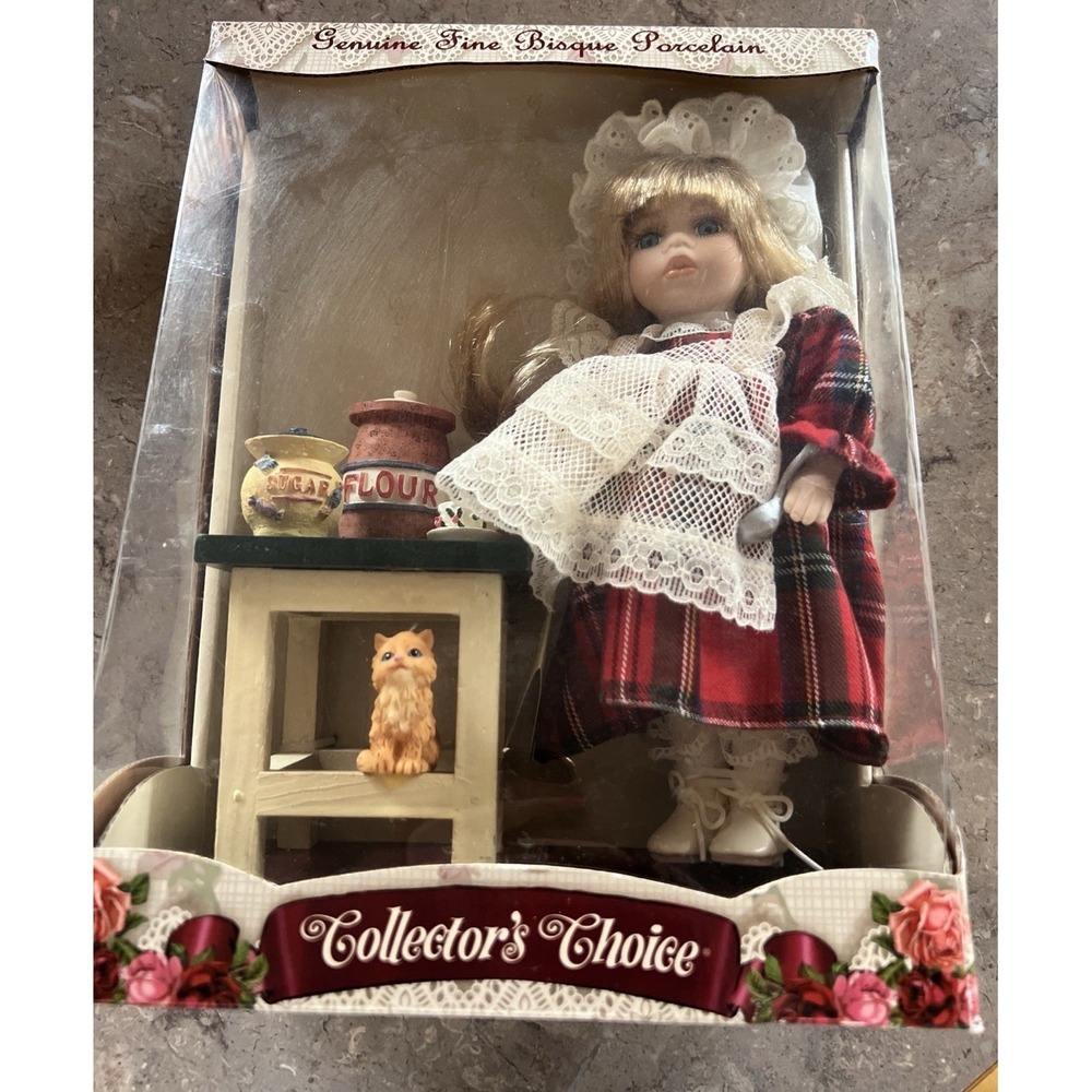 Collector's choice bisque porcelain doll with cat and bakery items